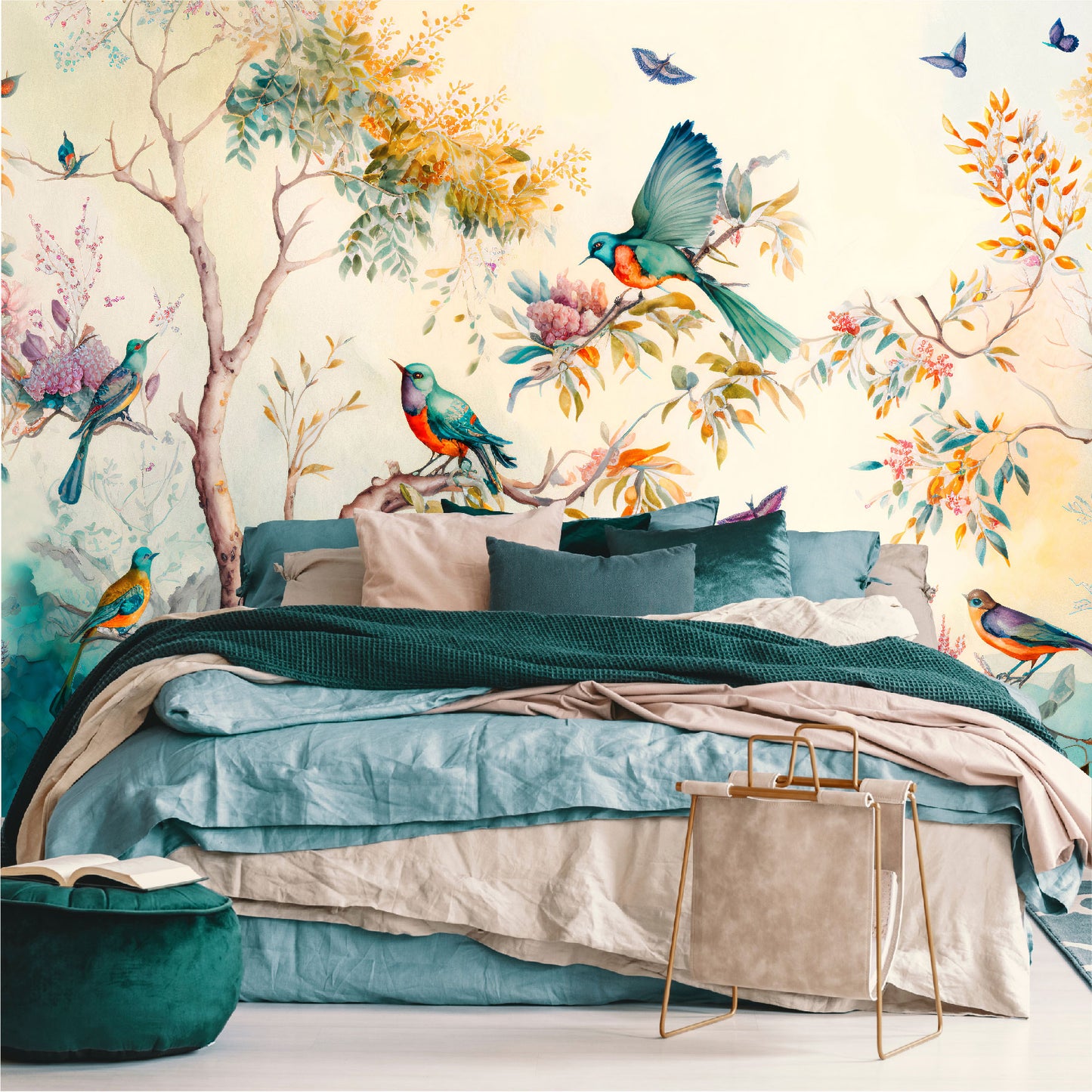 Mural Paisaje forestal con pájaros, mariposas y árboles - MT330