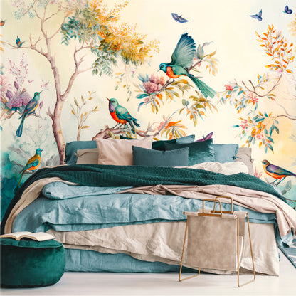 Mural Paisaje forestal con pájaros, mariposas y árboles - MT330
