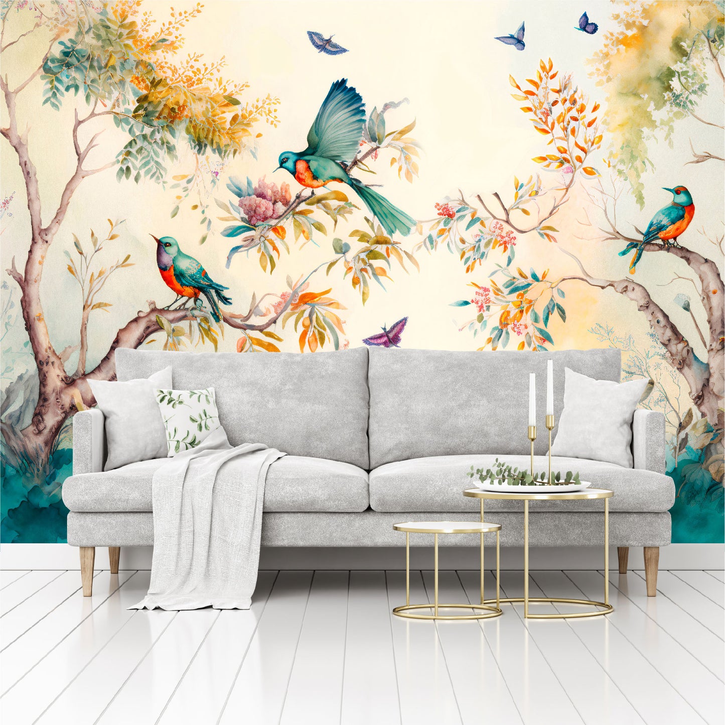 Mural Paisaje forestal con pájaros, mariposas y árboles - MT330