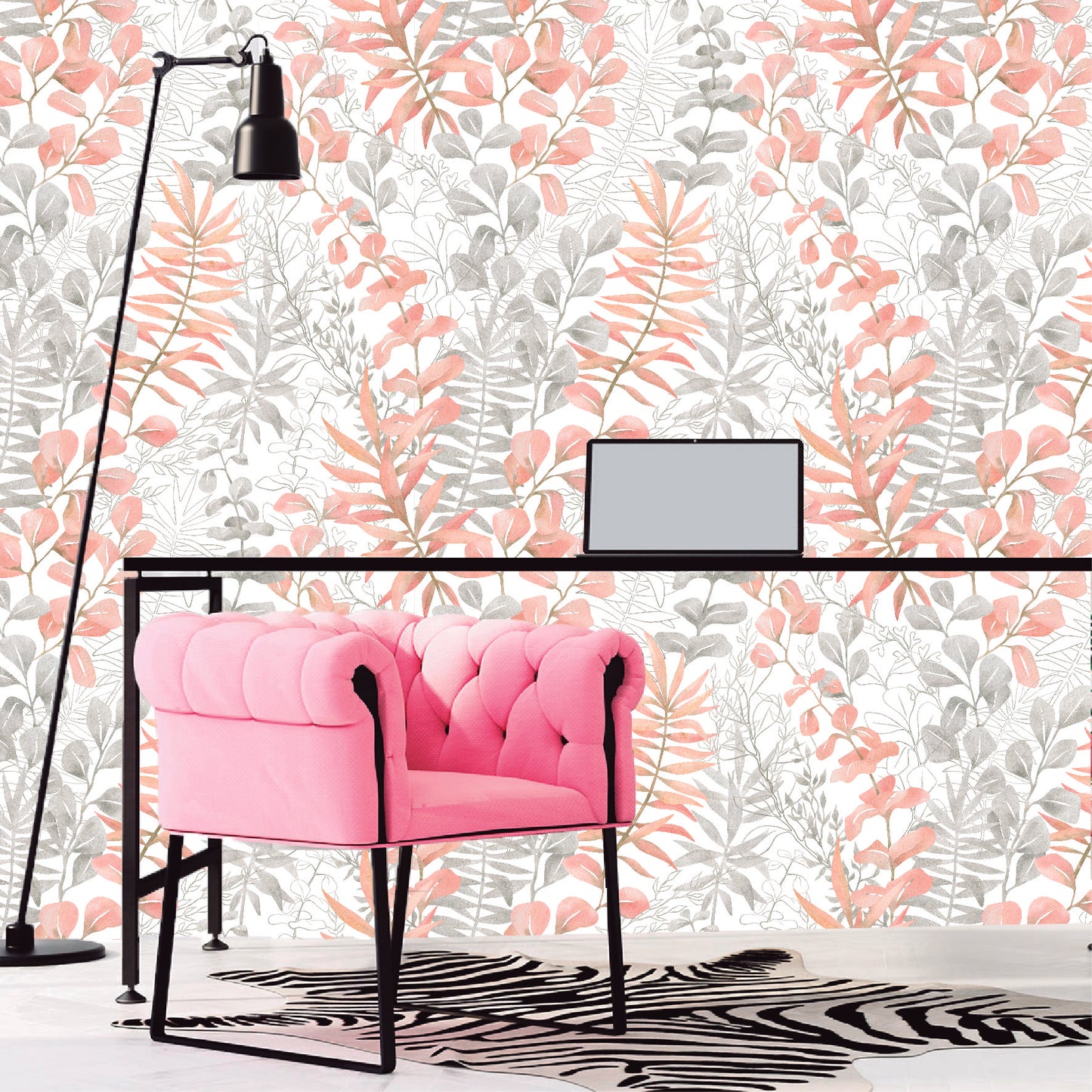 Mural Hojas Tropicales con rosa pastel - MT201