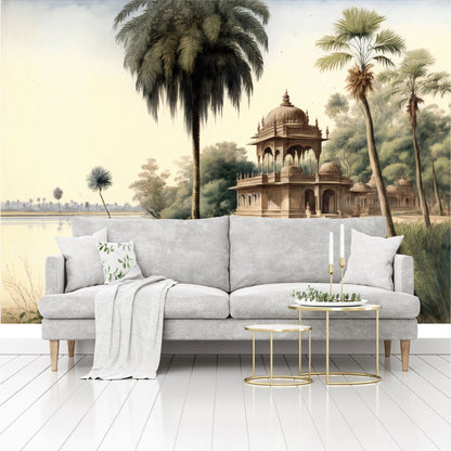Mural paisaje de palmeras y orillas de los ríos de la India con templos  - MT327