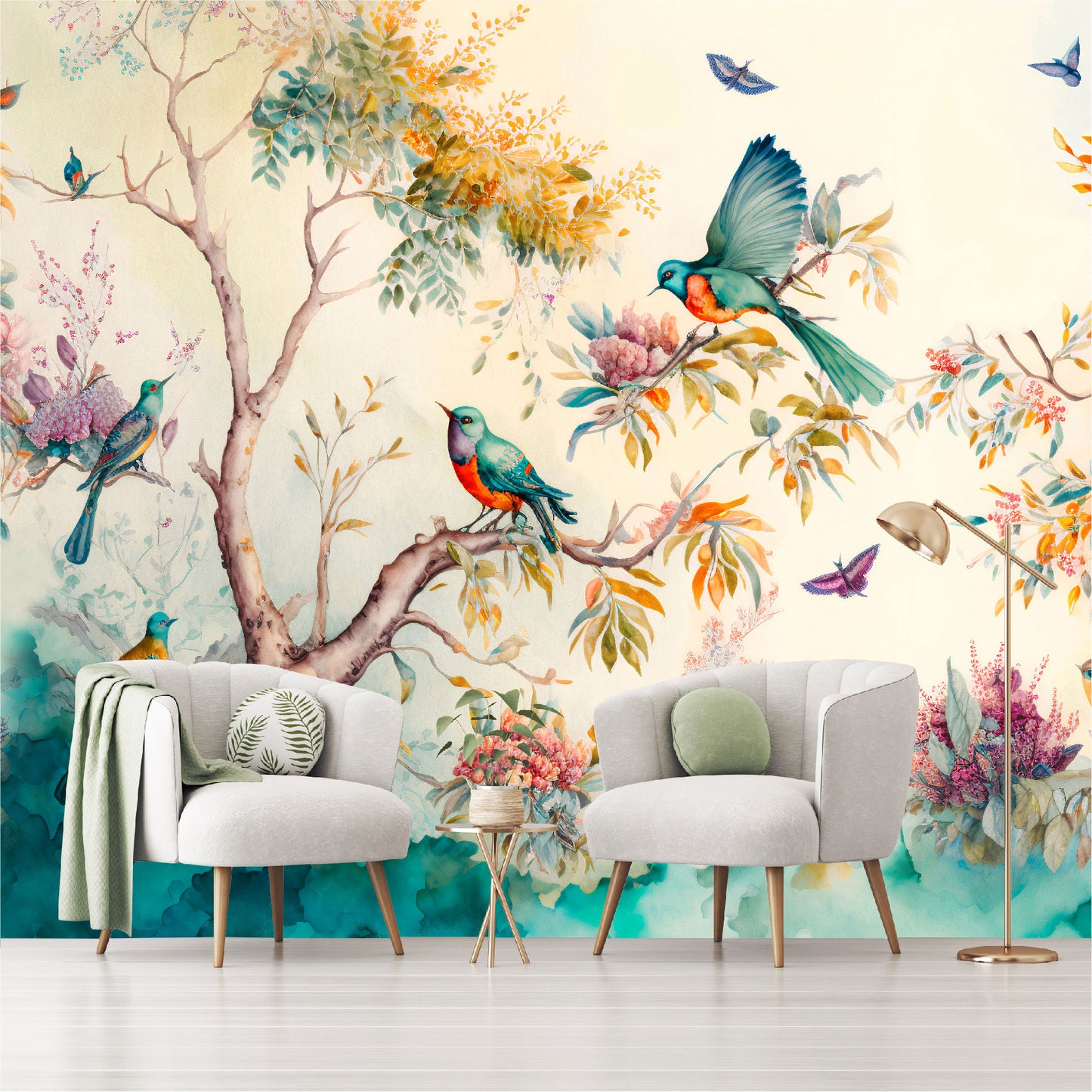 Mural Paisaje forestal con pájaros, mariposas y árboles - MT330