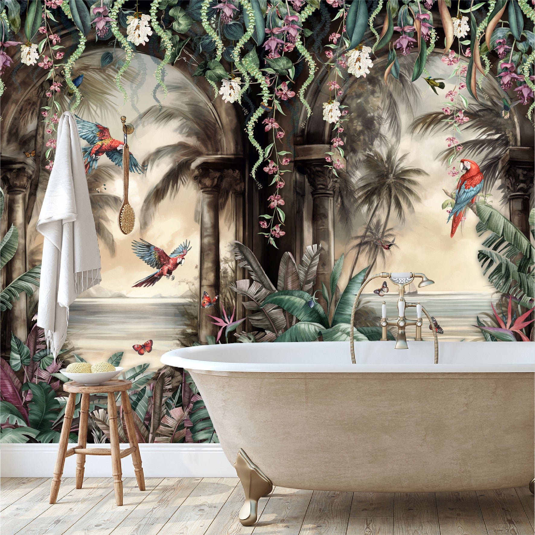 Mural Arco Tropical con loros en el bosque  - MT443