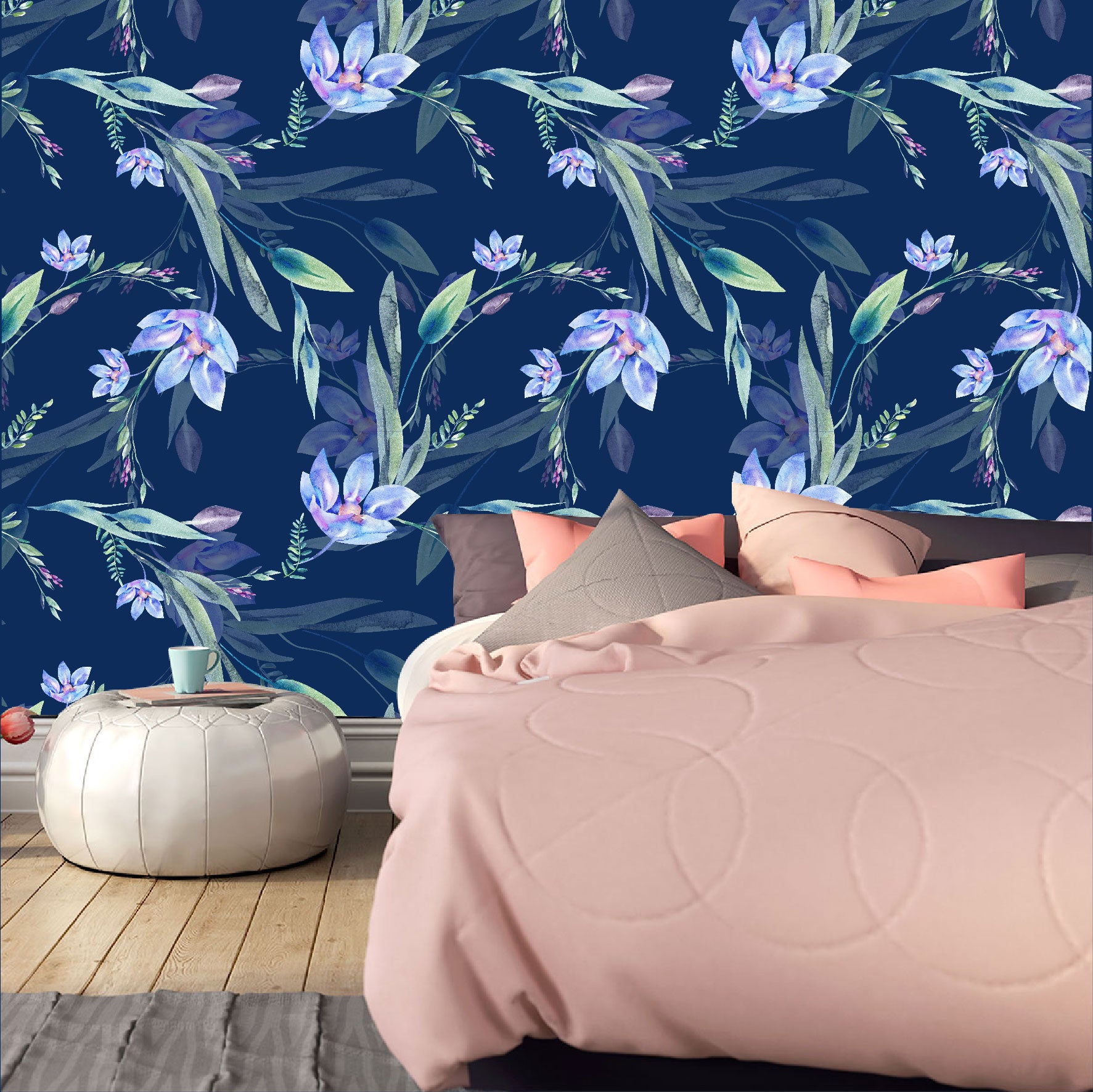 Mural Flores Lilas Acuareladas con fondo azul  - MT317