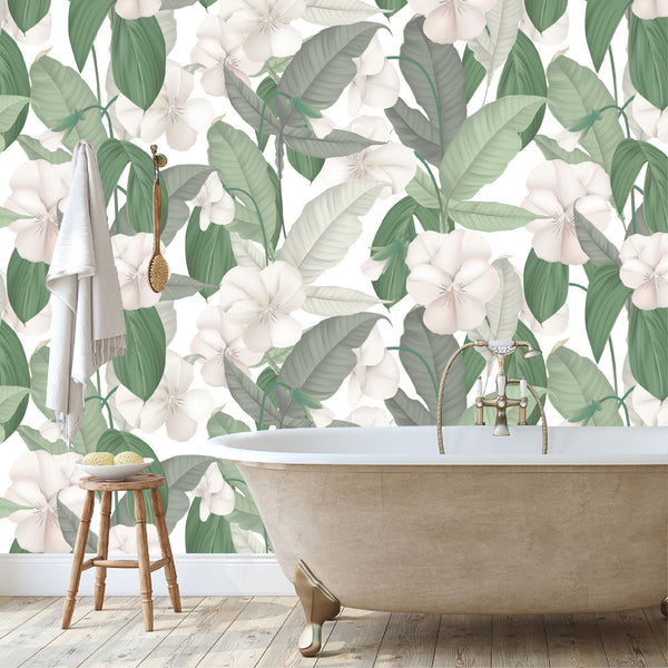 Mural Tropical Hojas Verdes con Flores Blancas - MT126