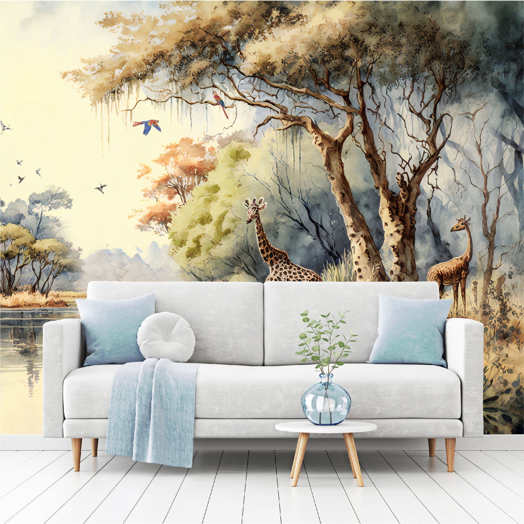 Mural bosque tropical africano con árboles junto a un río con jirafas - MT332