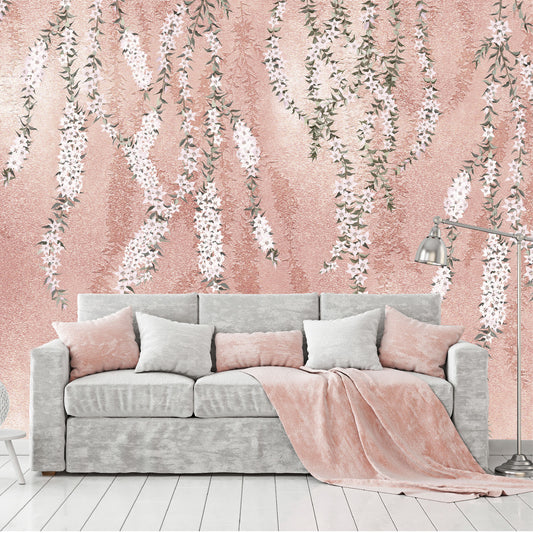 Mural Flores Blancas en Hormigón Rosado - MT232
