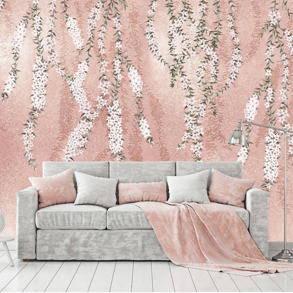 Mural Flores Blancas en Hormigón Rosado - MT232