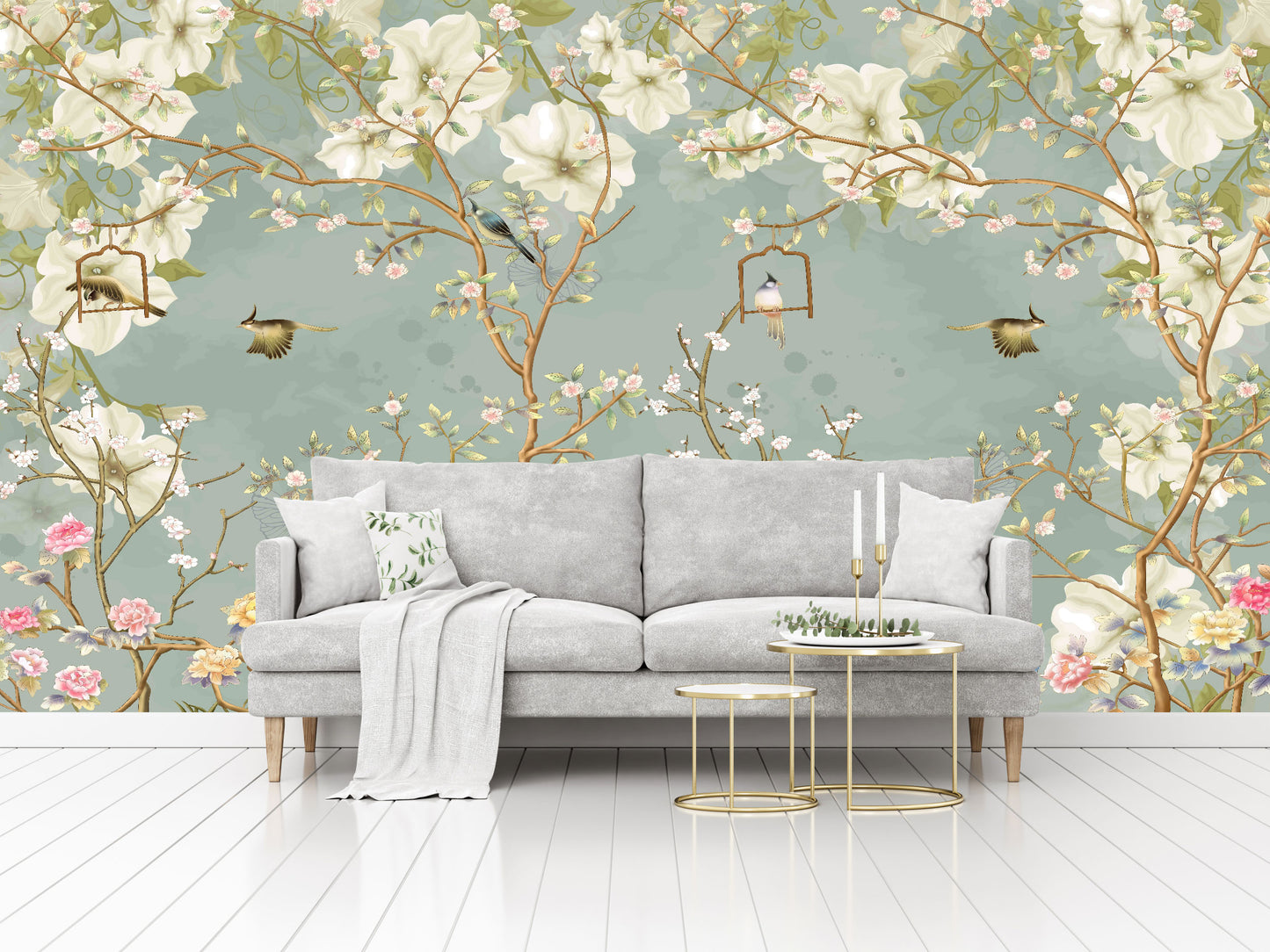 Mural Tropical Flores Blancas Campestres Estilo Inglés - MT070