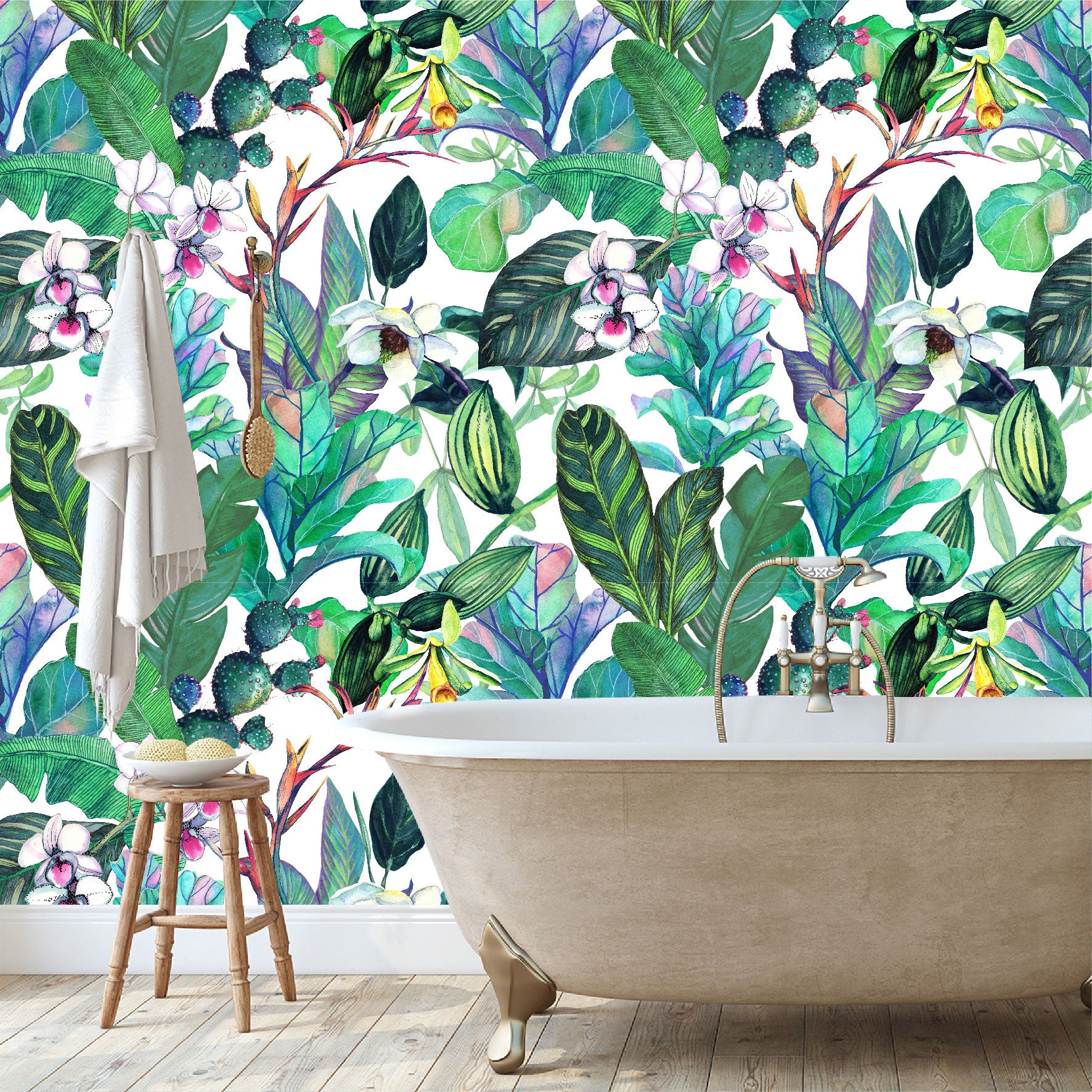 Mural Tropical Flores con Hojas y Cactus - MT154