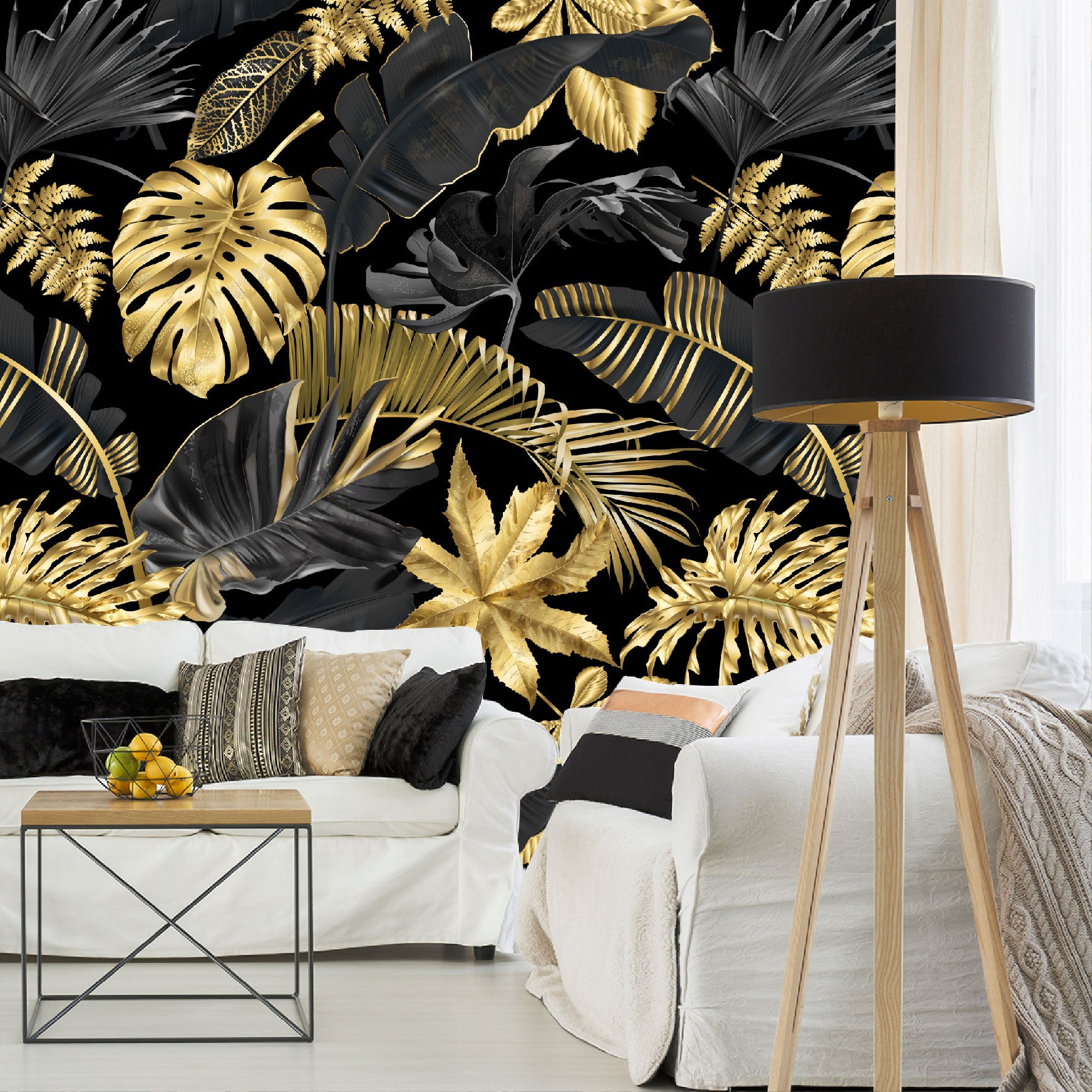 Vinilo Mate Tropical Hojas Monstera Simil Doradas 038