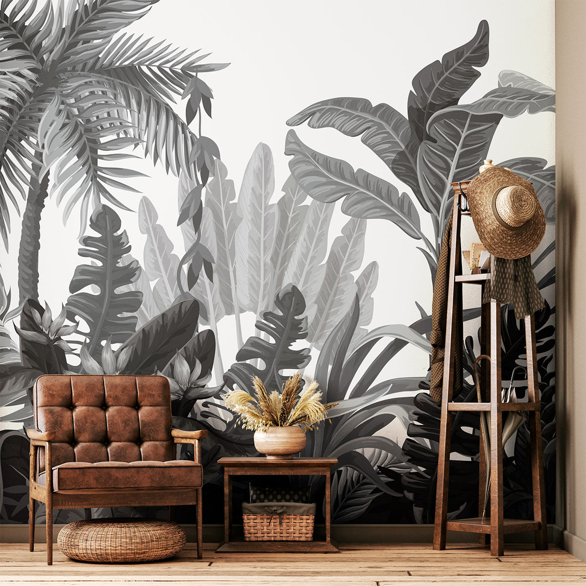Mural Jungla Tropical Blanco y Negro - MT137