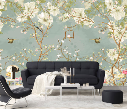 Mural Tropical Flores Blancas Campestres Estilo Inglés - MT070