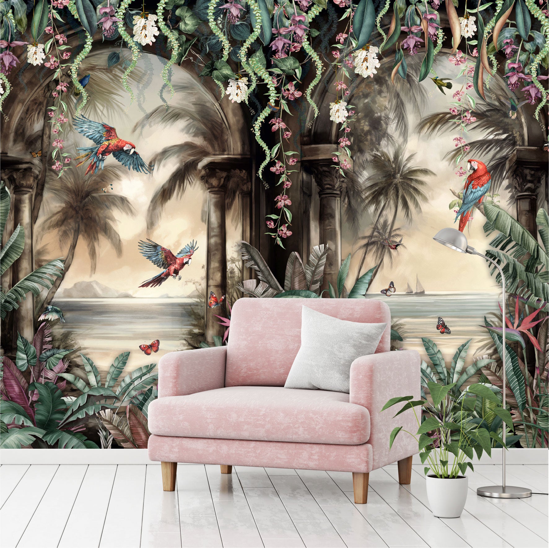 Mural Arco Tropical con loros en el bosque  - MT443