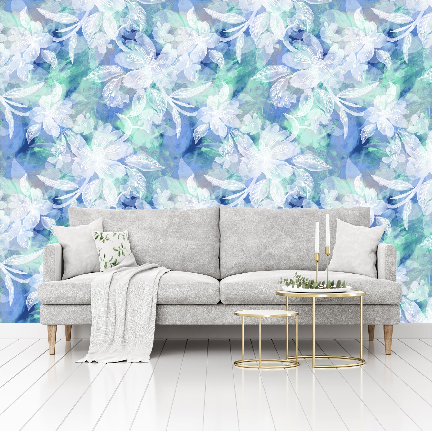 Mural Flores Blancas con fondo acuarelado - MT360