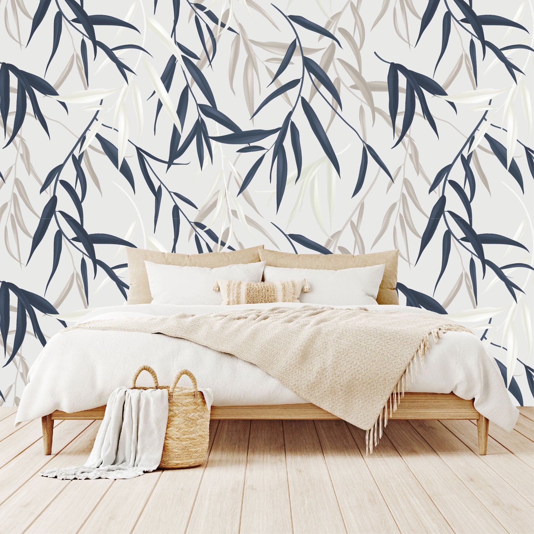 Mural Tropical Hojas Azules Grises y Blancas - MT127