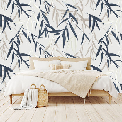 Mural Tropical Hojas Azules Grises y Blancas - MT127