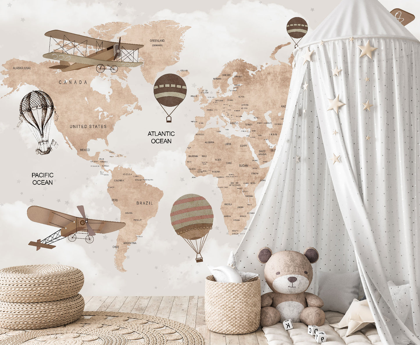 Mural Mapa con Aviones Estilo Vintage - MI027