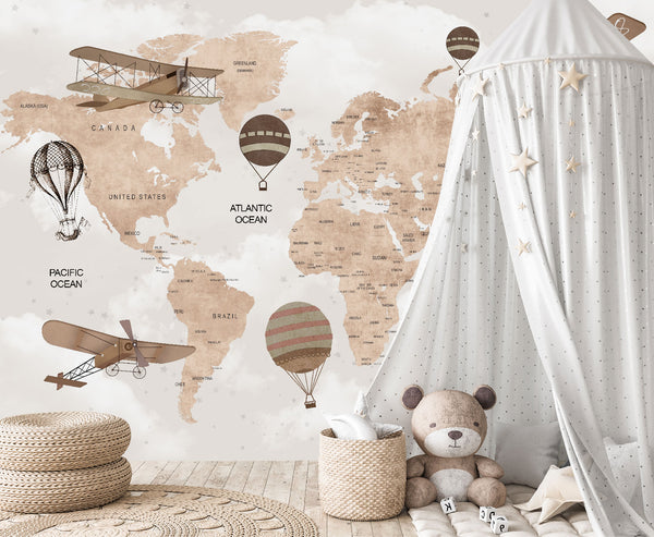 Mural Mapa con Aviones Estilo Vintage - MI027