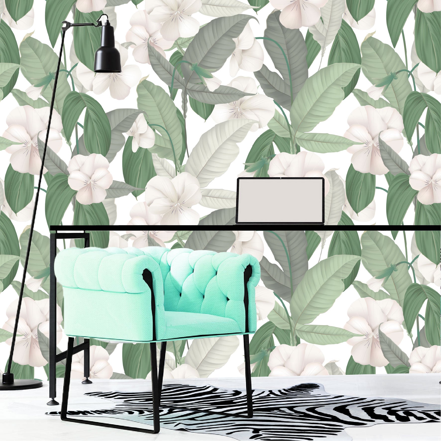 Mural Tropical Hojas Verdes con Flores Blancas - MT126