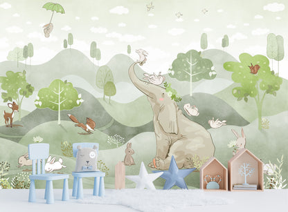 Mural Elefante con conejitos - MI047