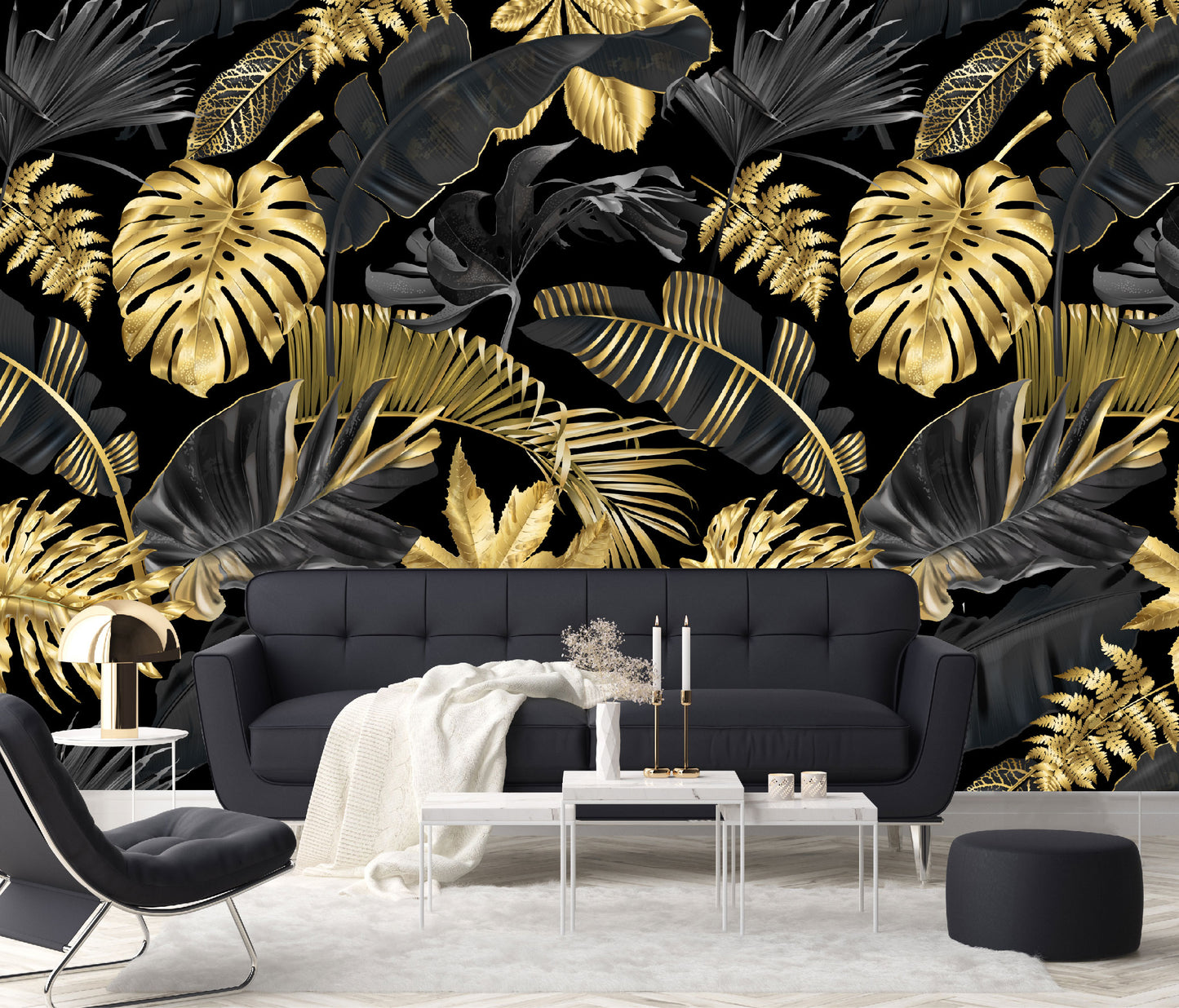 Vinilo Mate Tropical Hojas Monstera Simil Doradas 038
