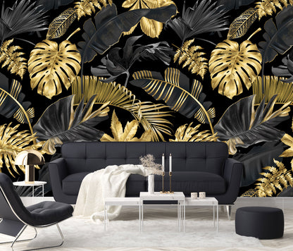 Vinilo Mate Tropical Hojas Monstera Simil Doradas 038