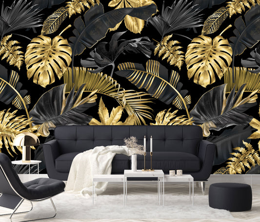 Vinilo Mate Tropical Hojas Monstera Simil Doradas 038