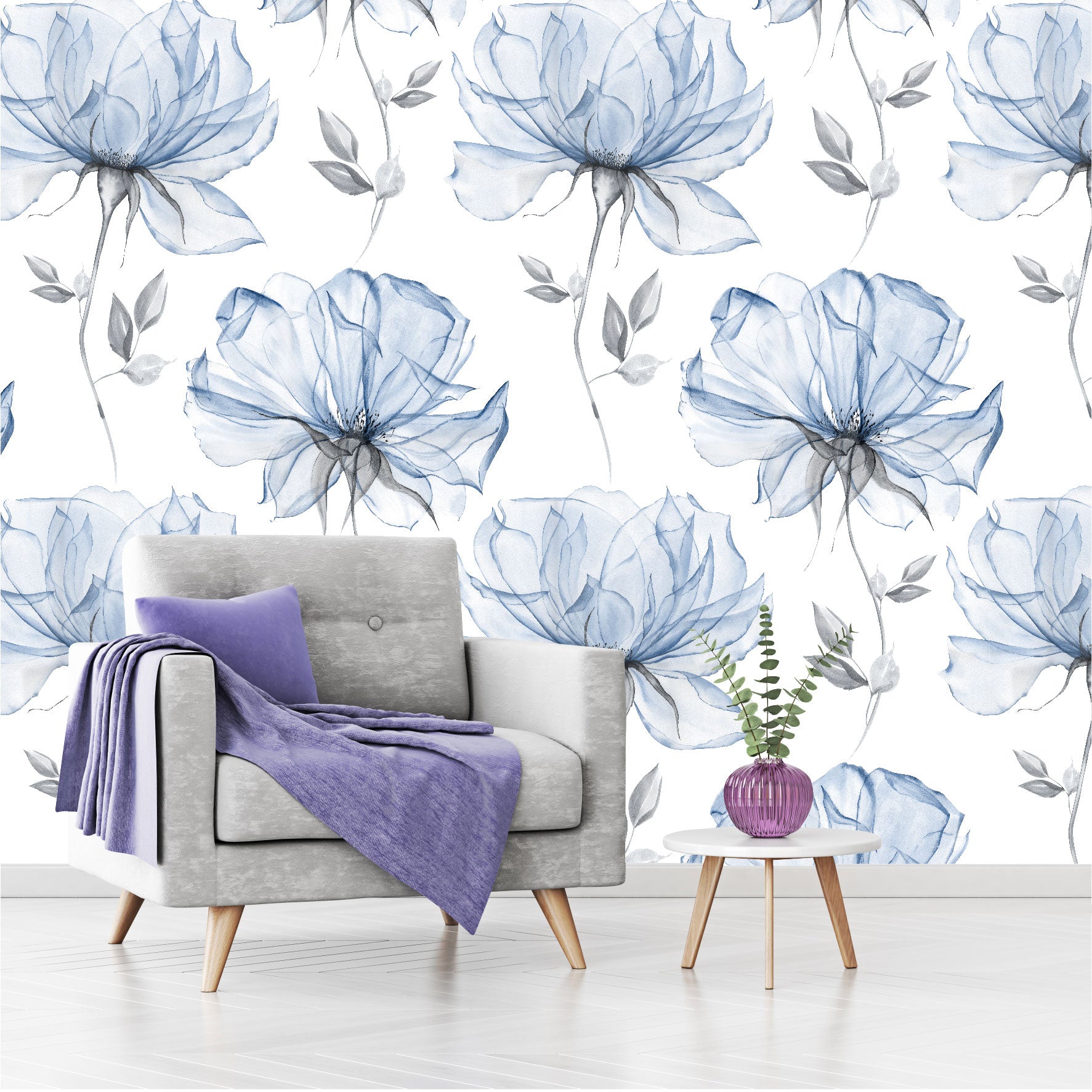 Mural Mate Flores Acuareladas Azules - MT427