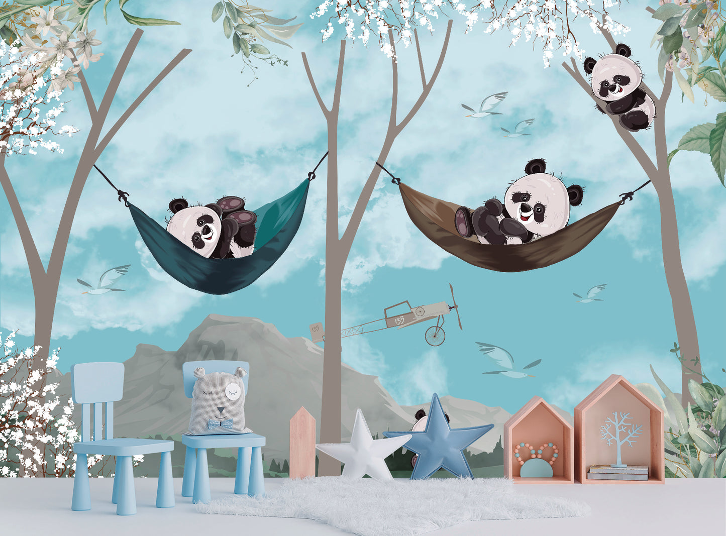 Mural Pandas en Hamacas con Aviones - MI022
