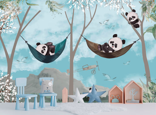 Mural Pandas en Hamacas con Aviones - MI022