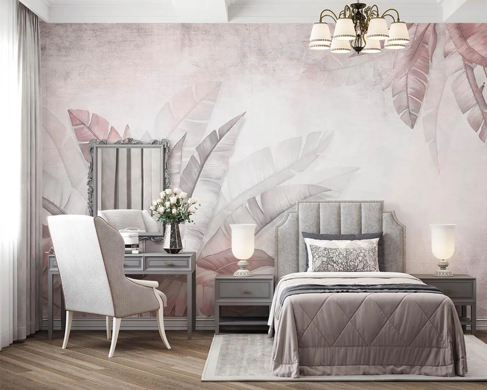 Mural Hojas Rosas Suaves - MT593