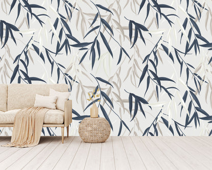 Mural Tropical Hojas Azules Grises y Blancas - MT127