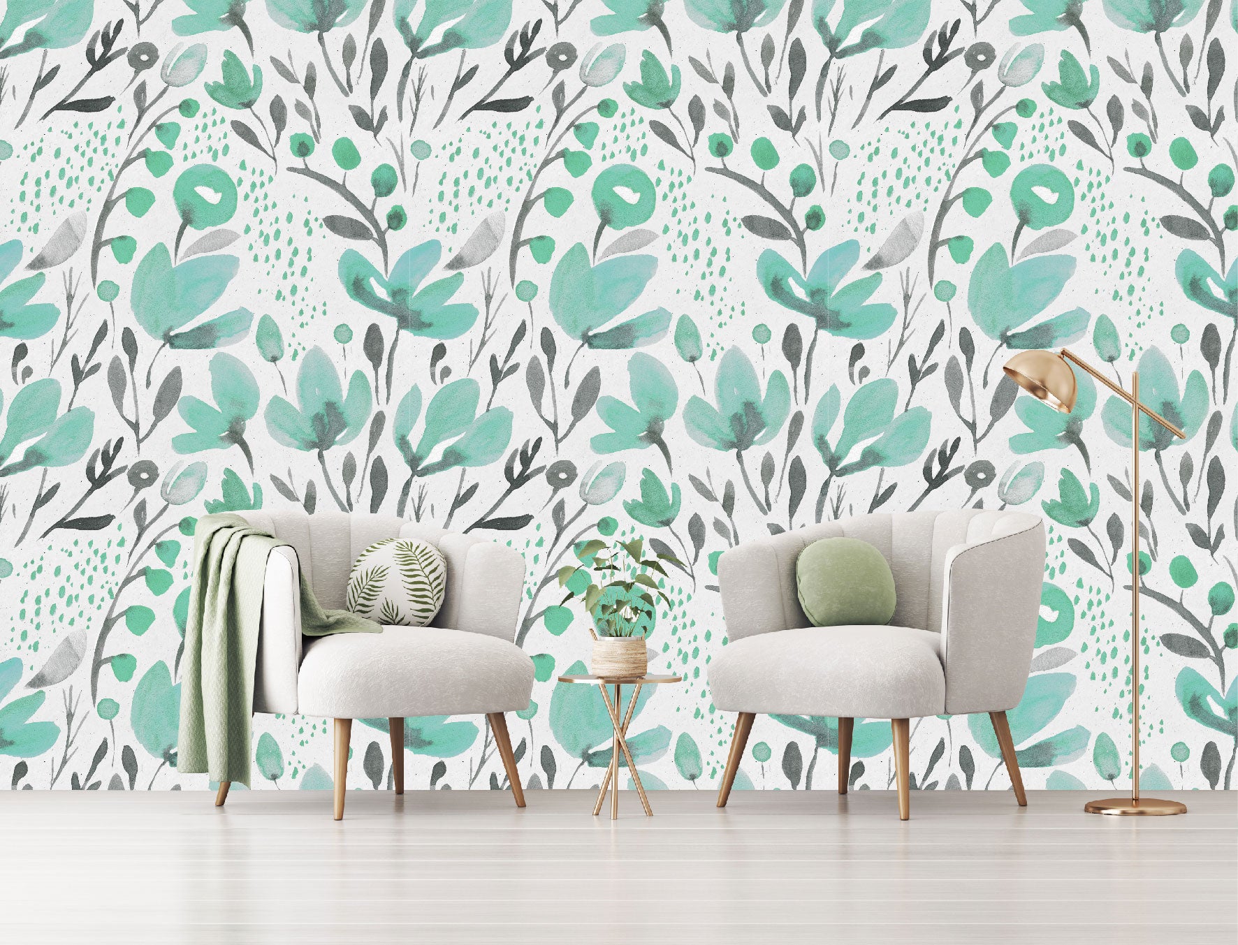 Mural Tropical Flores Acuarela Verde Aqua - MT120