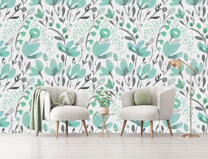 Mural Tropical Flores Acuarela Verde Aqua - MT120