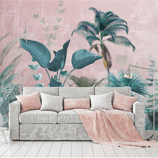 Mural Jungla Tropical con Fondo Rosa - MT189