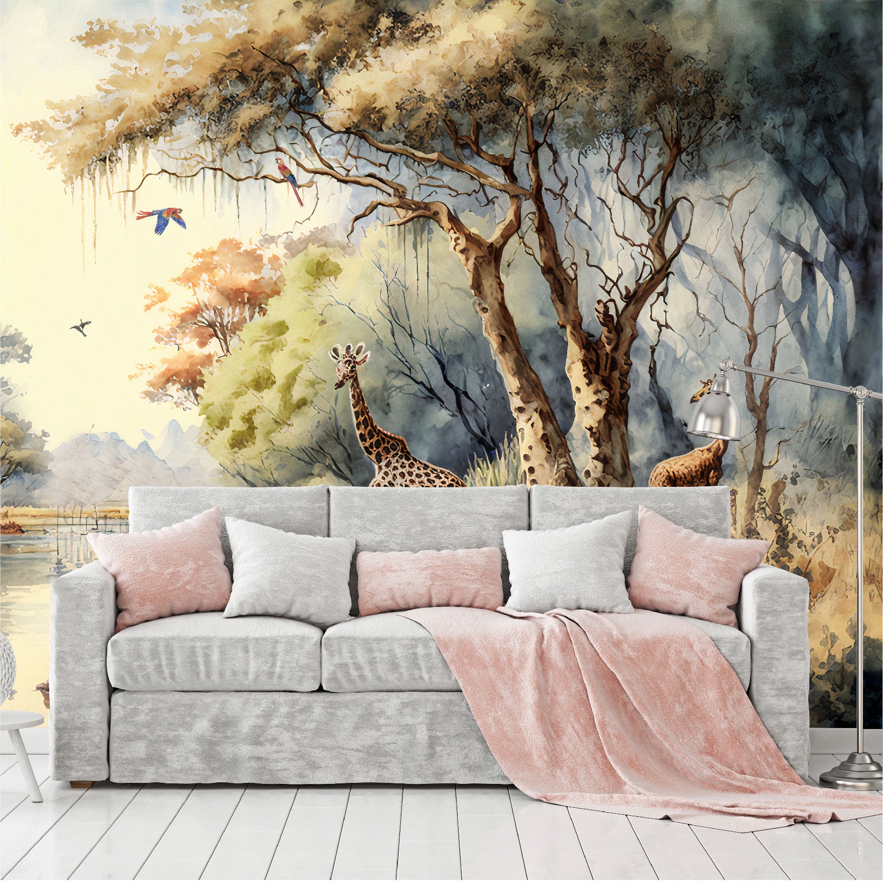 Mural bosque tropical africano con árboles junto a un río con jirafas - MT332