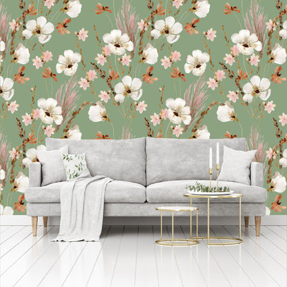 Mural Mate Flores Acuareladas con Fondo Verde - MT431