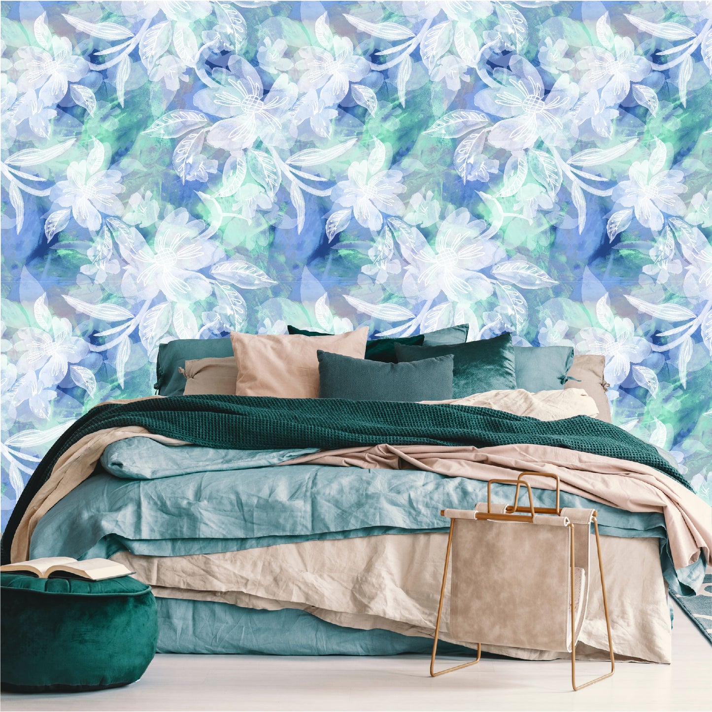 Mural Flores Blancas con fondo acuarelado - MT360