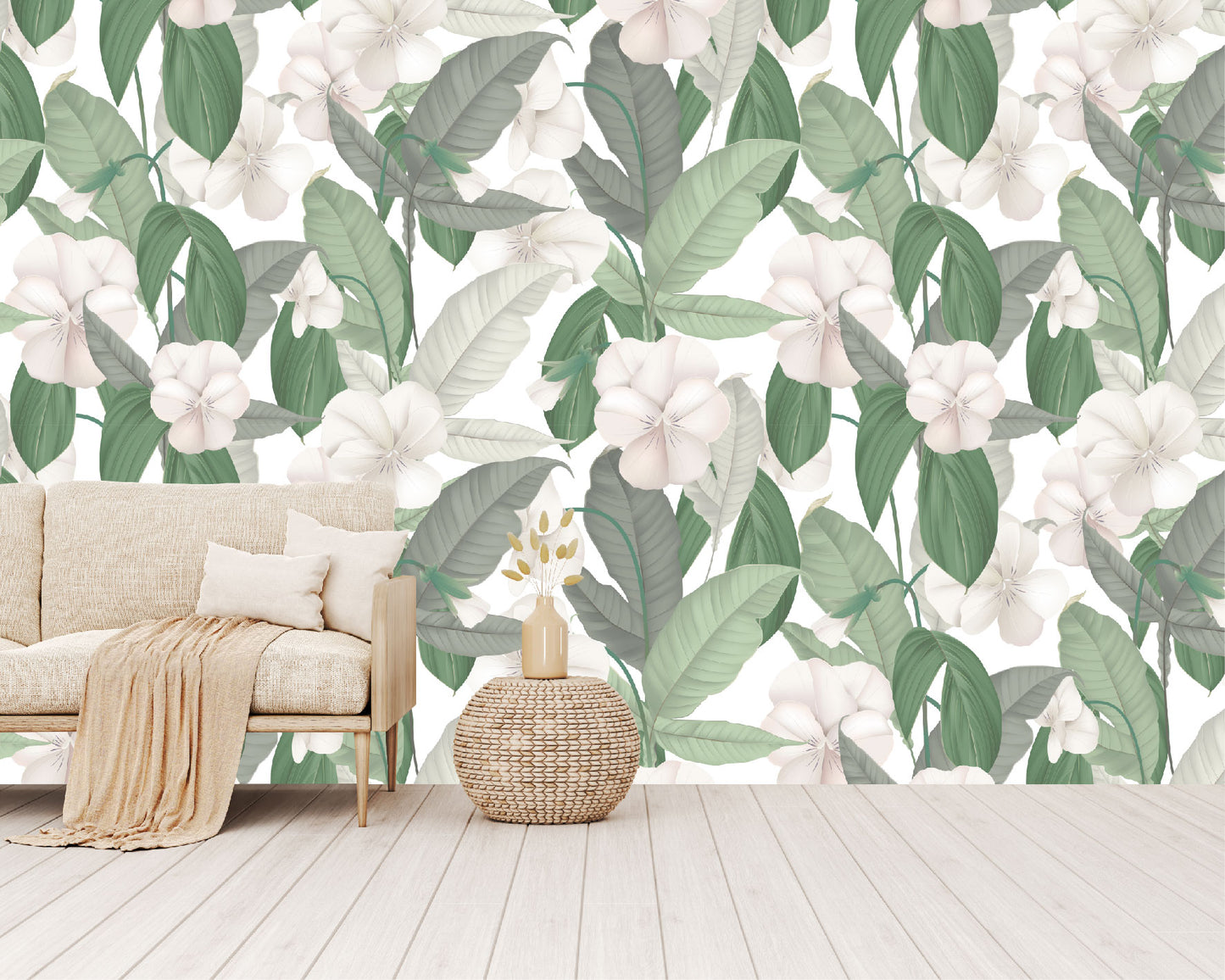 Mural Tropical Hojas Verdes con Flores Blancas - MT126