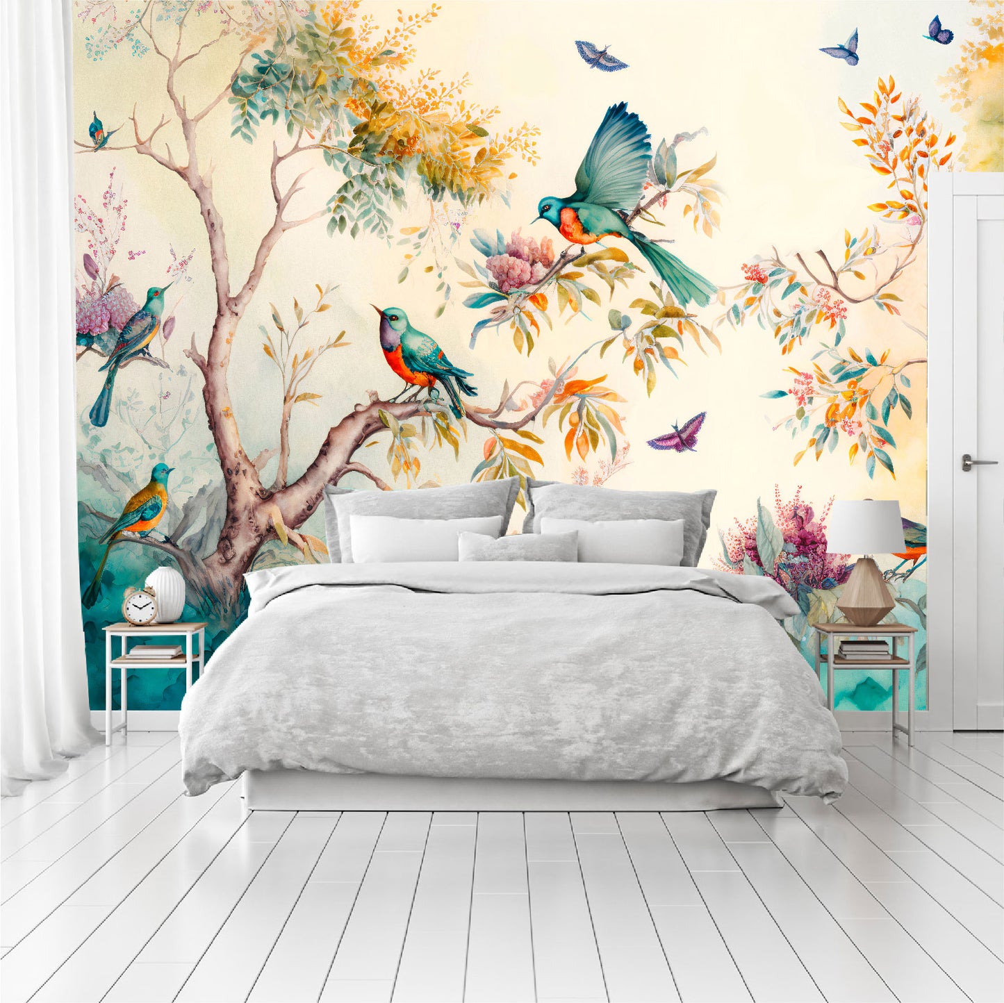 Mural Paisaje forestal con pájaros, mariposas y árboles - MT330