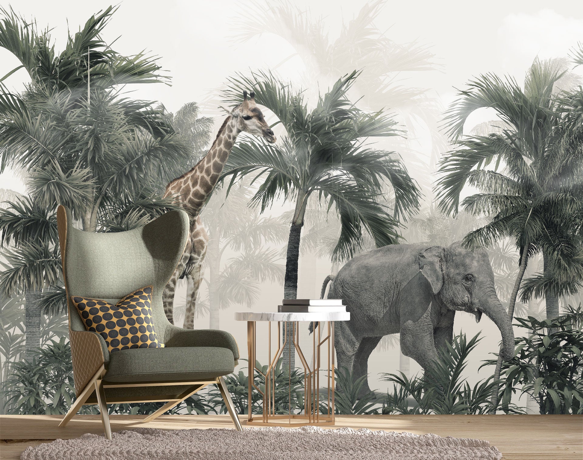Mural Jungla Tropical con Jirafa y Elefante - MT143