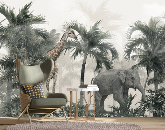 Mural Jungla Tropical con Jirafa y Elefante - MT143