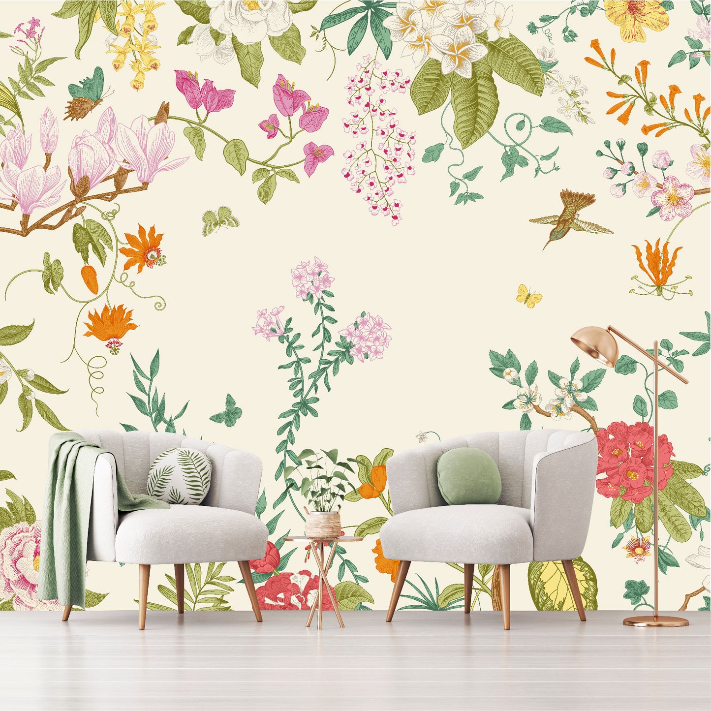 Mural Jardín Tropical con Flores y Mariposas - MT483