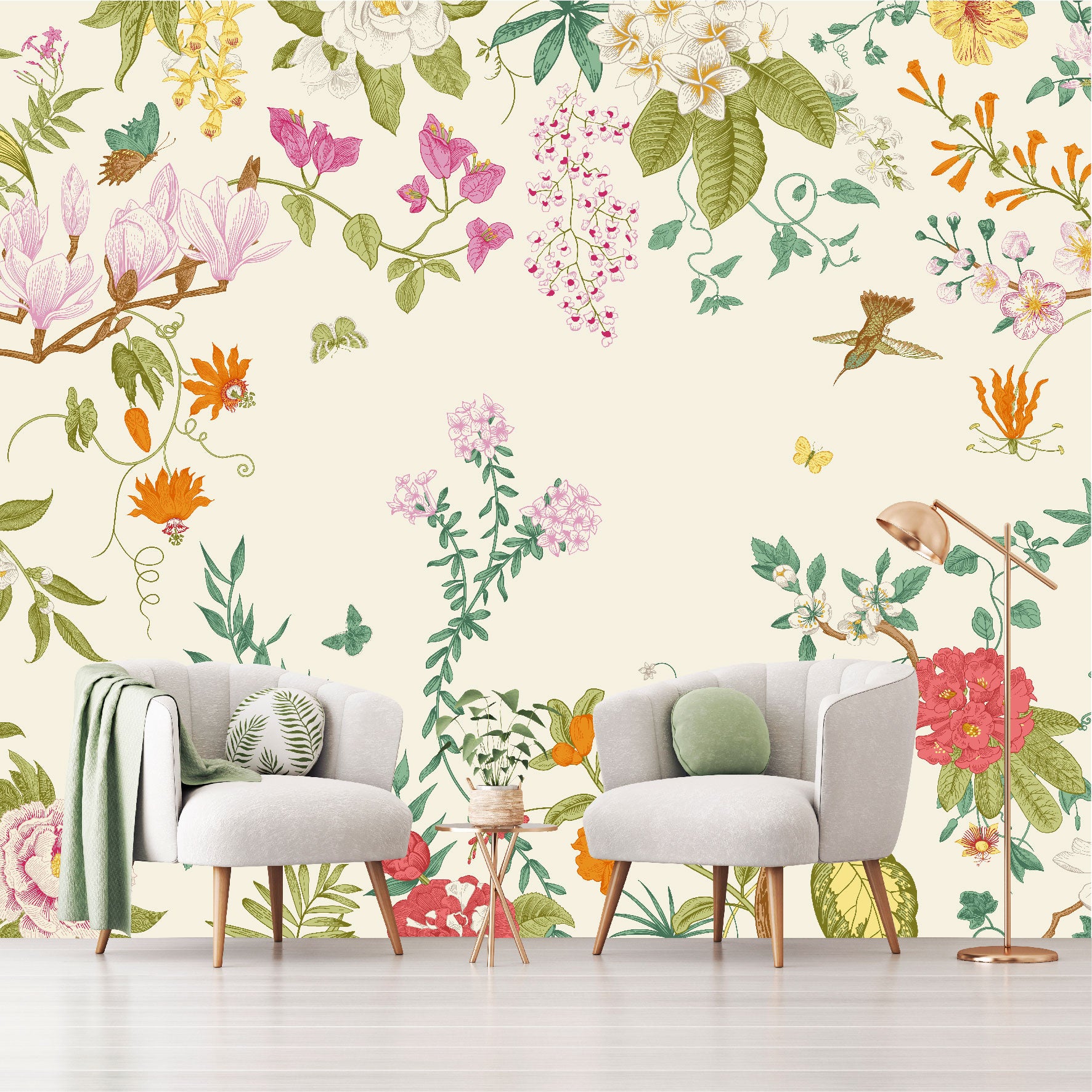 Mural Jardín Tropical con Flores y Mariposas - MT483