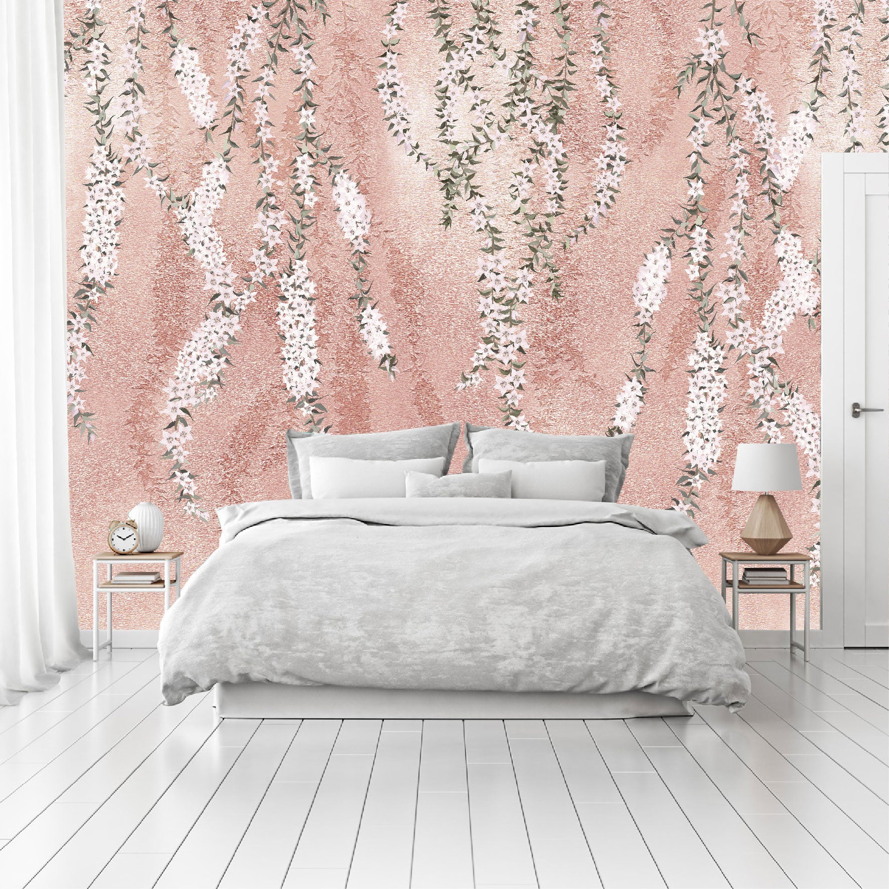 Mural Flores Blancas en Hormigón Rosado - MT232