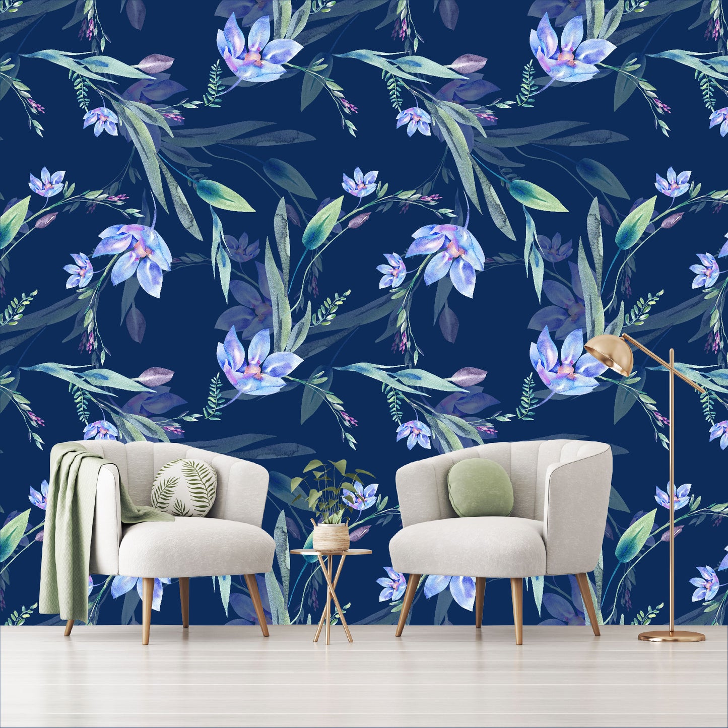 Mural Flores Lilas Acuareladas con fondo azul  - MT317