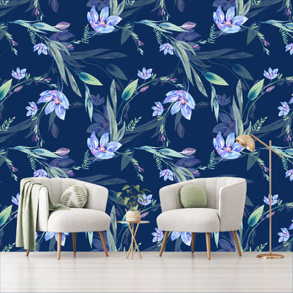 Mural Flores Lilas Acuareladas con fondo azul  - MT317