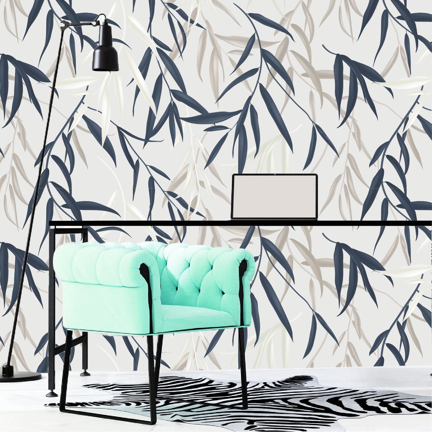 Mural Tropical Hojas Azules Grises y Blancas - MT127