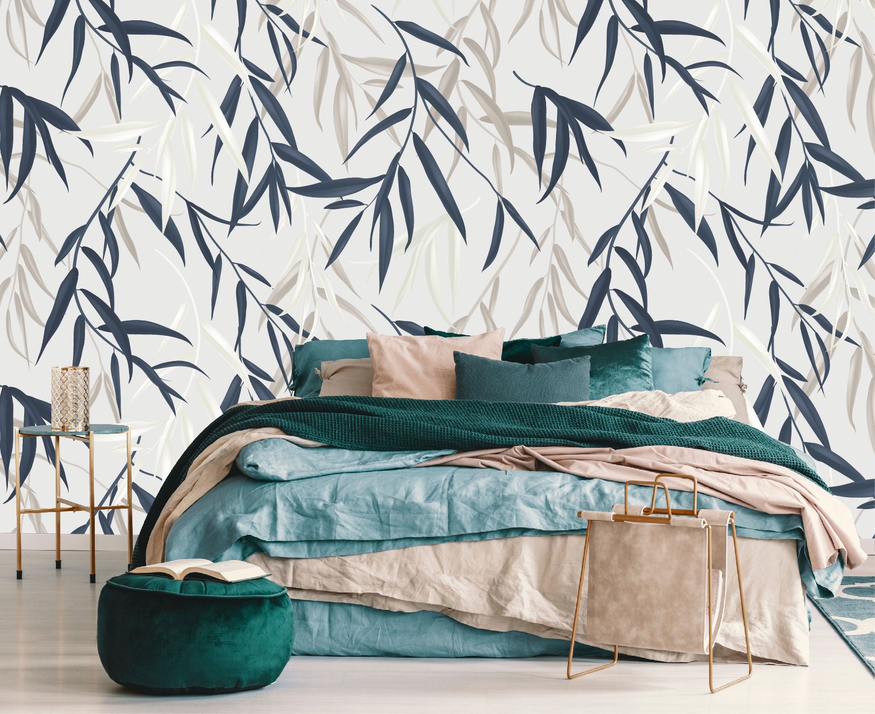 Mural Tropical Hojas Azules Grises y Blancas - MT127